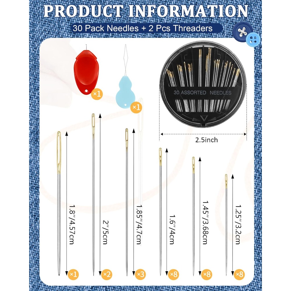 Art Craft Eyes - 30-delige set stalen handnaalden, 6 maten,